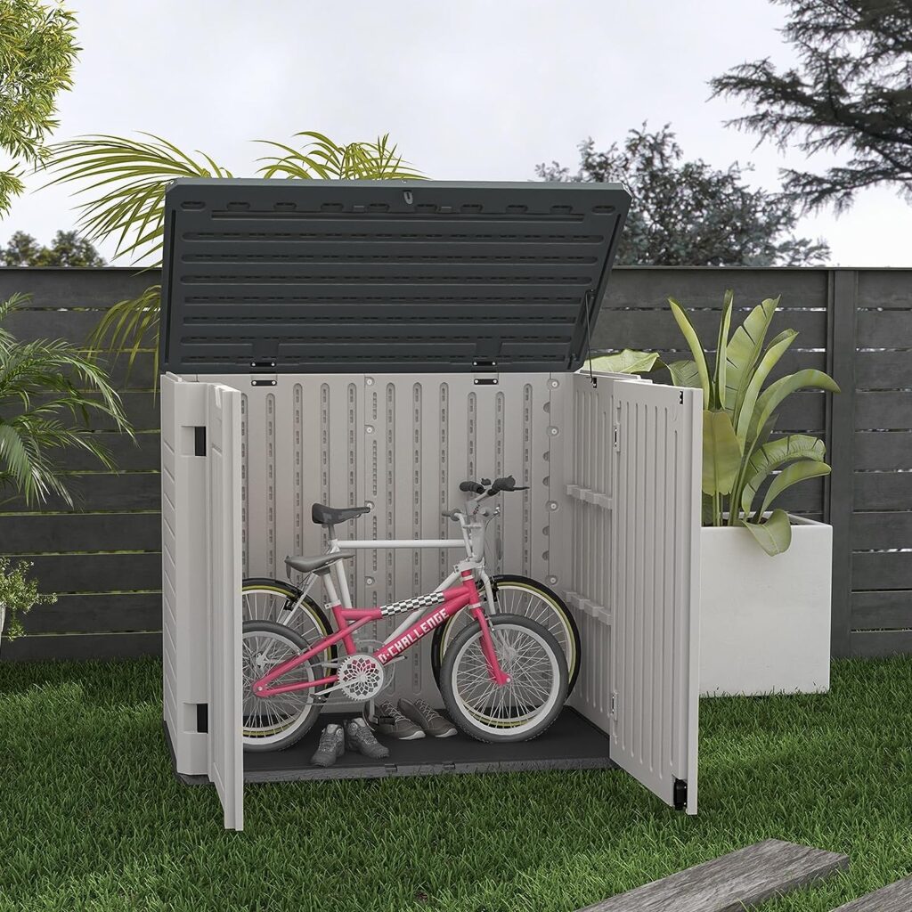 Patiowell Outdoor Horizontal Storage Shed,4 x 2 Weather Resistant Resin Tool Shed with Lockable Multi-Opening Door, Easy Storage for Trash Cans, Lawnmowe, Garden Accessories and Bicycles