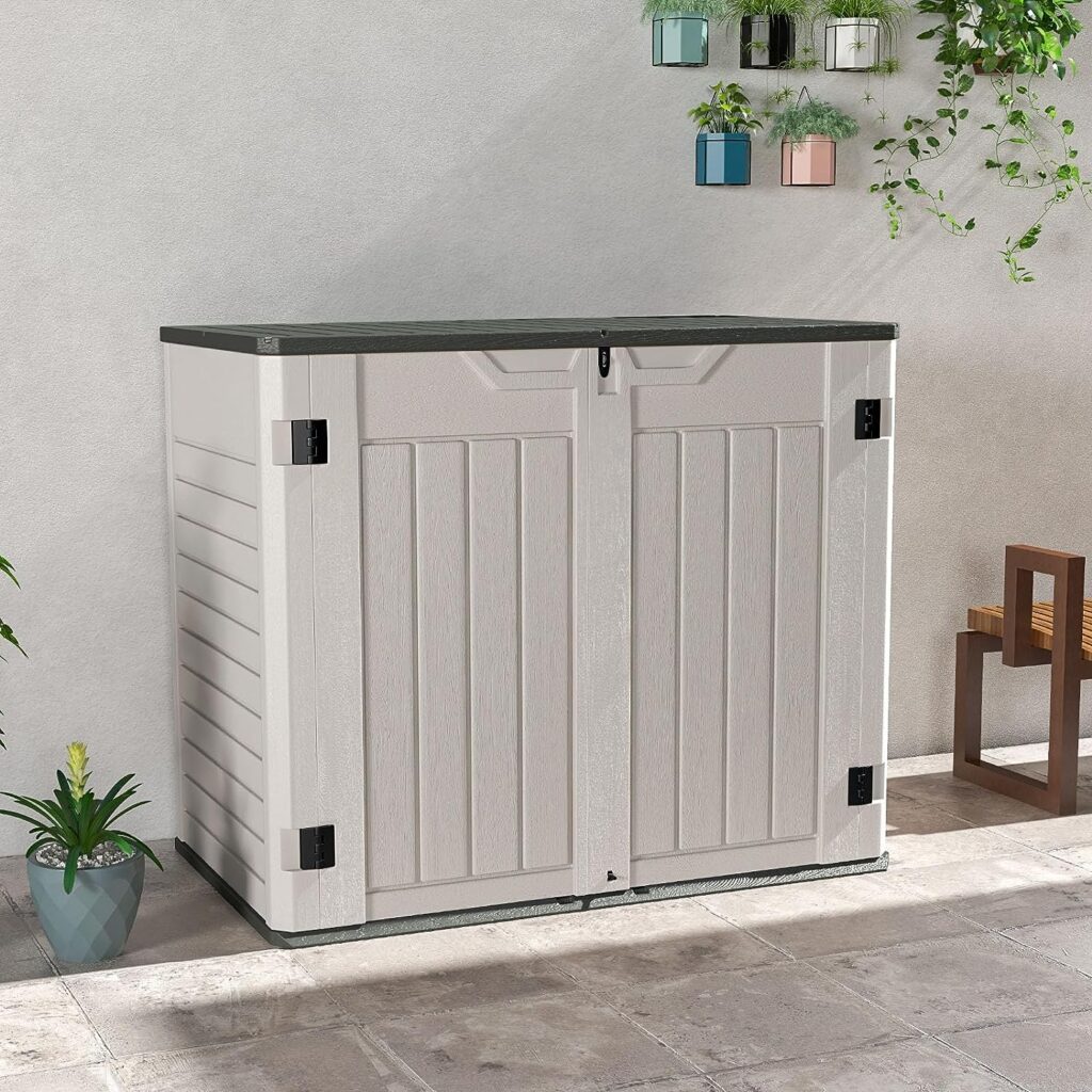 Patiowell Outdoor Horizontal Storage Shed,4 x 2 Weather Resistant Resin Tool Shed with Lockable Multi-Opening Door, Easy Storage for Trash Cans, Lawnmowe, Garden Accessories and Bicycles