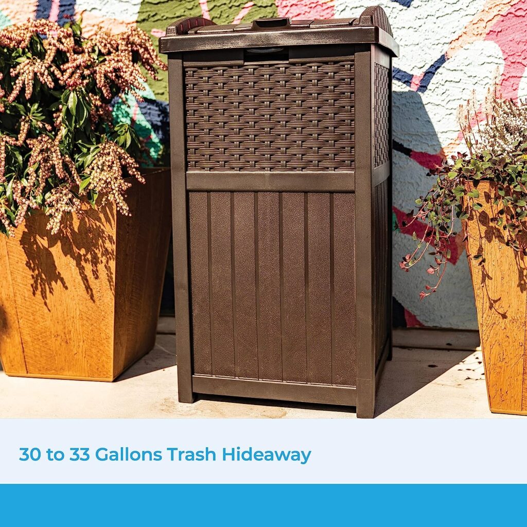 Permasteel 80-Qt Classic Outdoor Patio Cooler for Outside Outdoor Beverage Cooler Bar Cart, Blue  Suncast 33 Gallon Hideaway Can Resin Outdoor Trash, 33-Gallon, Brown