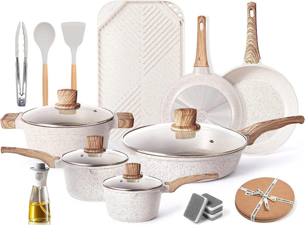 Pots and Pans Set - Caannasweis Kitchen Nonstick Cookware Sets Granite Frying Pans for Cooking Marble Stone Kitchen Essentials 20 Piece Set Beige