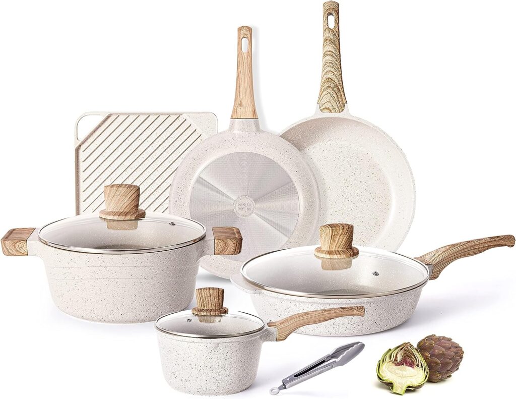 Pots and Pans Set - Caannasweis Nonstick Cookware Sets Granite Frying Pans for Cooking Marble Stone Kitchen Essentials 11 Piece Set Beige