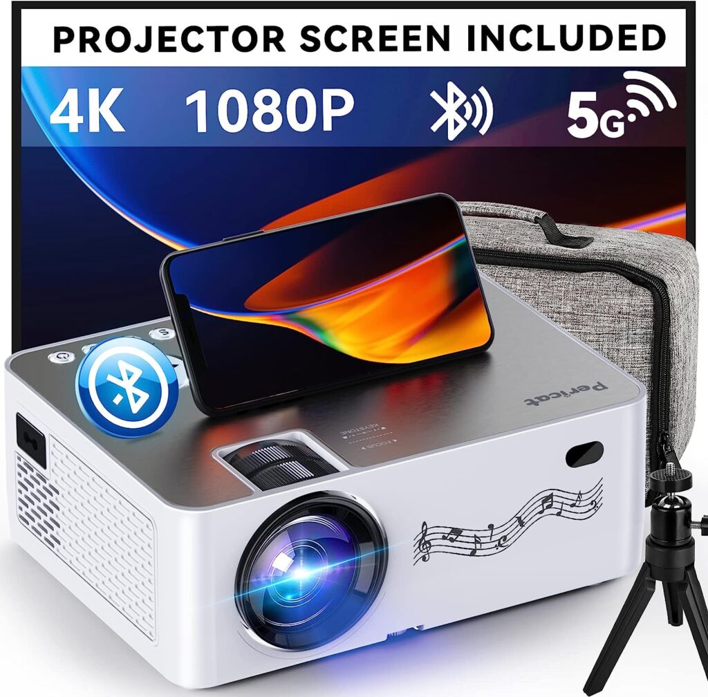 Projector with WiFi and Bluetooth, 5G WiFi, Native 1080P/12000L Video Projector with Screen, 4K Support Outdoor Projector, 350 Display Phone Projector with Carry Bag for iPhone,TV Stick, Mac