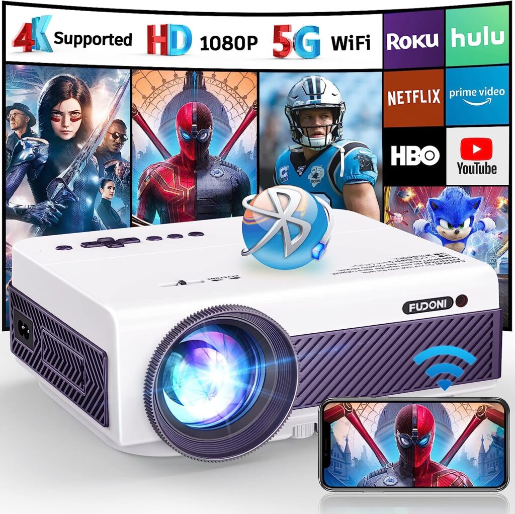 Projector with WiFi and Bluetooth, FUDONI 5G WiFi Native 1080P Outdoor Projector 11000L Support 4K, Portable Movie Projector with Screen and Max 300, for iOS/Android/Laptop/TV Stick/HDMI/USB/VGA/TF