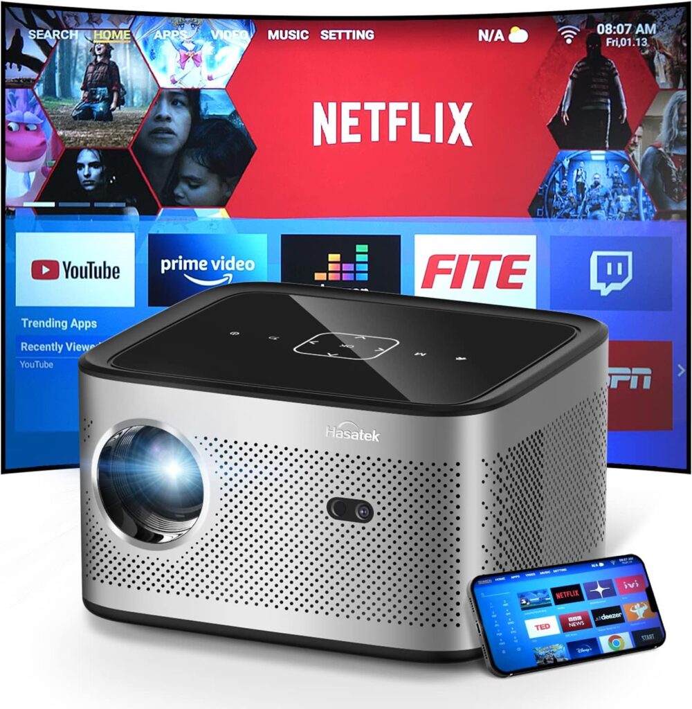 Projector with WiFi and Bluetooth,Hasatek 1600 ANSI Lumens Projector 4k Supported Video Projector, Android TV,Auto Focus,Electronic Keystone Correctionï¼Full HD 1080P Home Theater Movie Projector