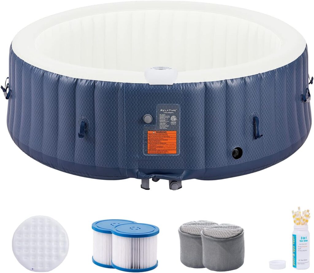 RELXTIME Inflatable Hot Tub 4-6 Person, Portable Air Jet Spa Outdoor Heater Blow Up Hottub with 130 Bubble Jets and Built in Heater Pump, Tub Cover, 4 Non-Slip Spa Seat, 2 Filter Cartridge