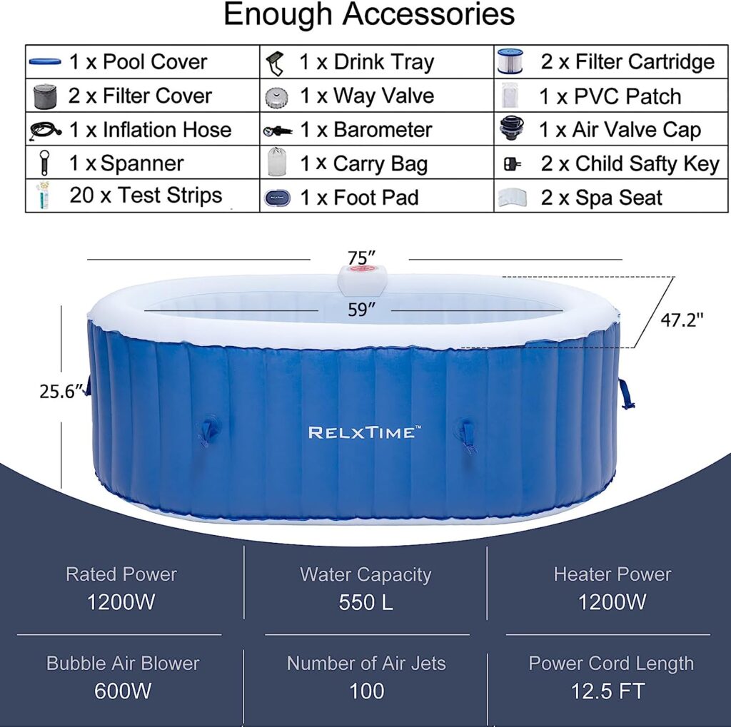 RELXTIME Inflatable Portable Hot Tub 2 Person Outdoor Air Jet Spa Oval ...