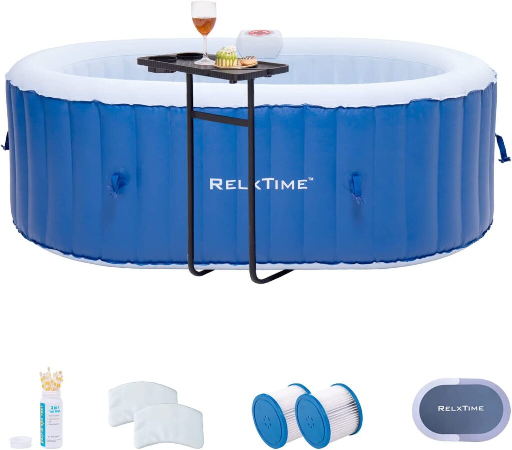 RELXTIME Inflatable Portable Hot Tub 2 Person Outdoor Air Jet Spa Oval Blow Up Hottubs with 100 Bubble Jets and Built in Heater Pump, Side Table, 2 Non-Slip Spa Seat, 2 Filter Cartridge