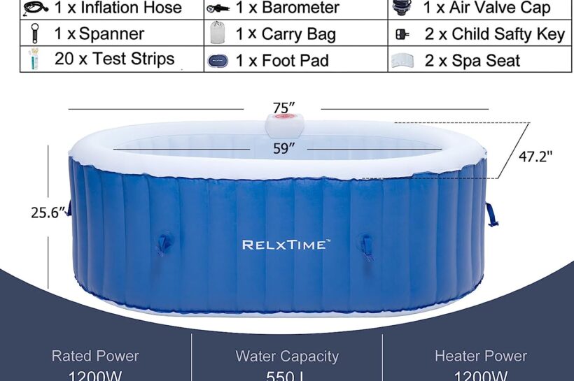 RELXTIME Inflatable Portable Hot Tub 2 Person Outdoor Air Jet Spa Oval ...