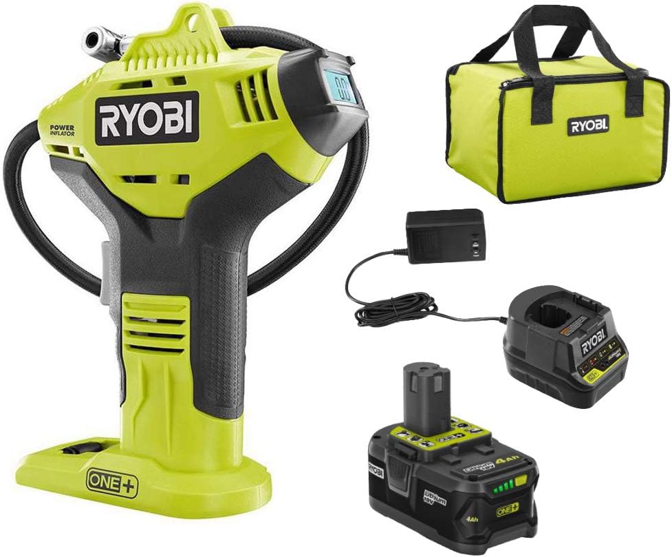 Ryobi P737D 18-Volt ONE+ Cordless High Pressure Inflator with Digital Gauge, 4.0 Ah 18-Volt ONE+ High Capacity Lithium-Ion Battery, Charger, and Bag (Bulk Packaged)