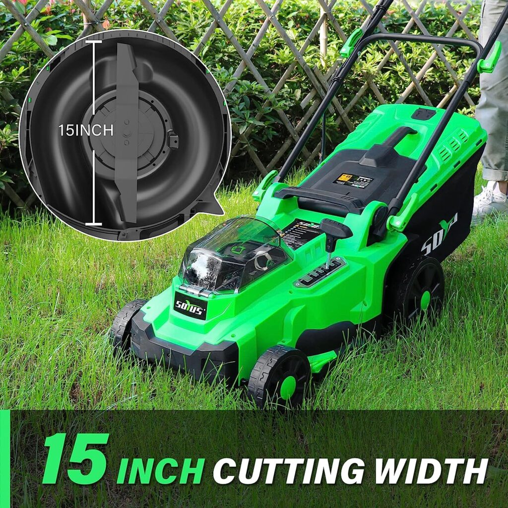 SOYUS Electric Lawn Mower Cordless, 15 Inch 40V Battery Powered Lawn Mower with Brushless Motor, 6 Position Height, Includes 2x4.0Ah Batteries and Dual Port Charger