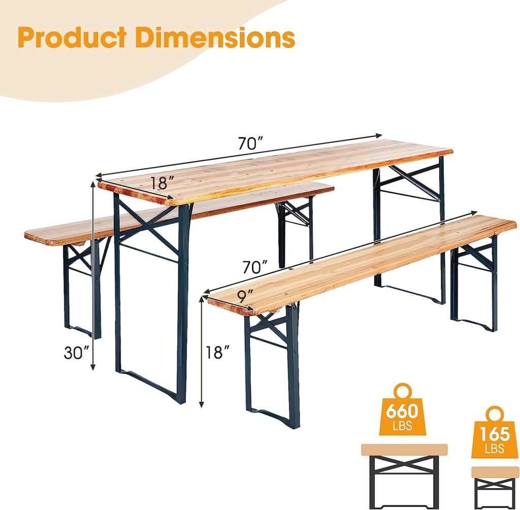 Tangkula 3 Piece Folding Picnic Table Bench Set, Foldable Wood Picnic Table with 2 Benches with Heavy-Duty Metal Frame, Space-Saving Outside Table and Bench Set for Backyard, Patio, Garden (Natural)