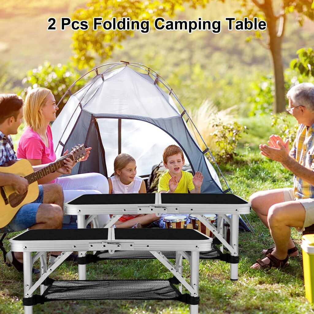 Yahenda 2 Pcs Small Folding Table, 3 Adjustable Height Portable Camping Table Lightweight Aluminum Card Table Picnic Table with Detachable Mesh Storage and Carry Handle for Indoor Outdoor (Black)