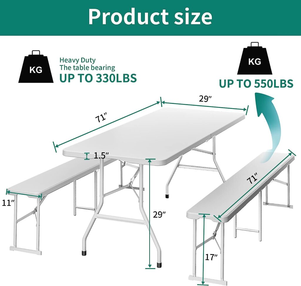 YITAHOME 6ft Portable Picnic Table Bench Set, Heavy Duty Camping Picnic Table Set, Fold up Picnic Table for Outdoor Camping Picnic Parties/Indoor Events, White