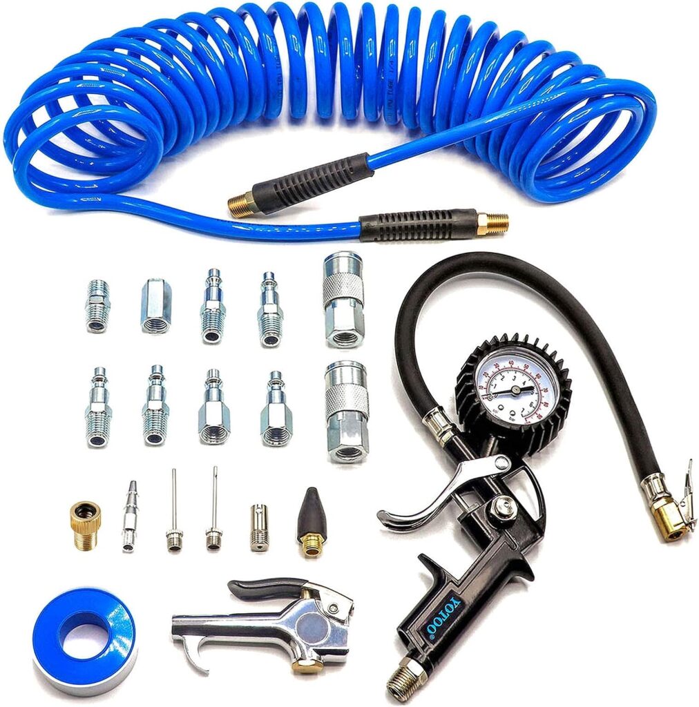 YOTOO Heavy Duty Air Compressor Accessories Kit 20 Pieces with 1/4 inch x 25 feet Polyurethane Air Compressor Hose, 100 PSI Tire Inflator Gauge, Air Blow Gun and Air Hose Fittings