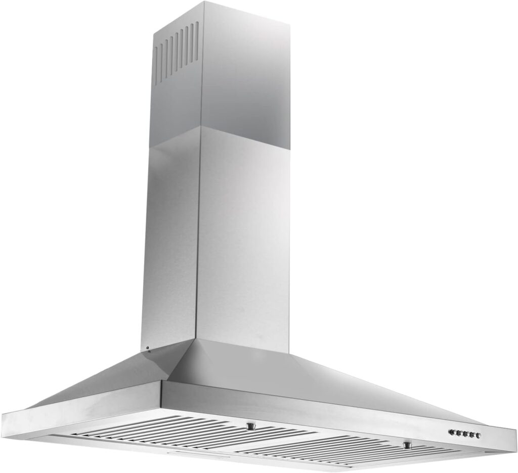 24 Inch Range Hood, Wall Mount Vent Hood in Stainless Steel with Ducted/Ductless Convertible Duct, 3 Speed Exhaust Fan, Energy Saving LED Light, Push Button Control, 2 Pcs Baffle Filters