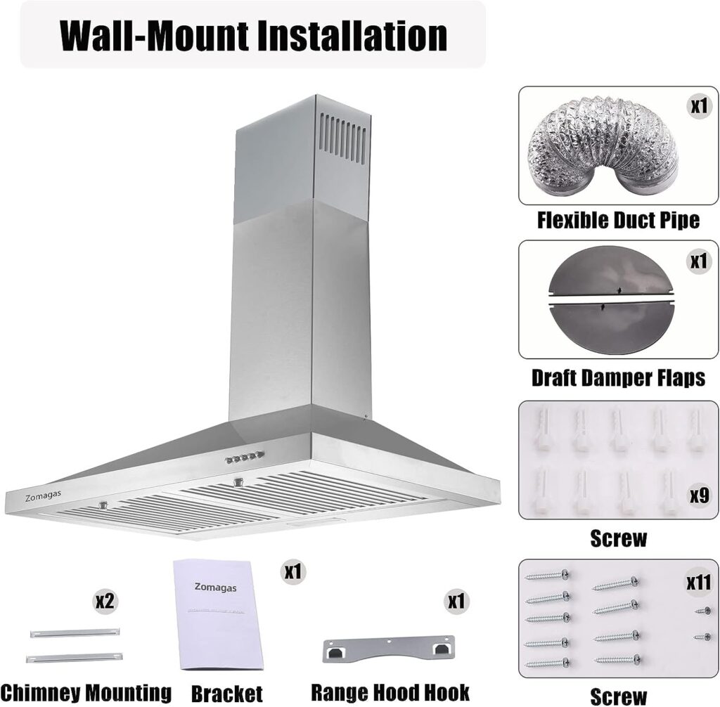 24 Inch Range Hood, Wall Mount Vent Hood in Stainless Steel with Ducted/Ductless Convertible Duct, 3 Speed Exhaust Fan, Energy Saving LED Light, Push Button Control, 2 Pcs Baffle Filters