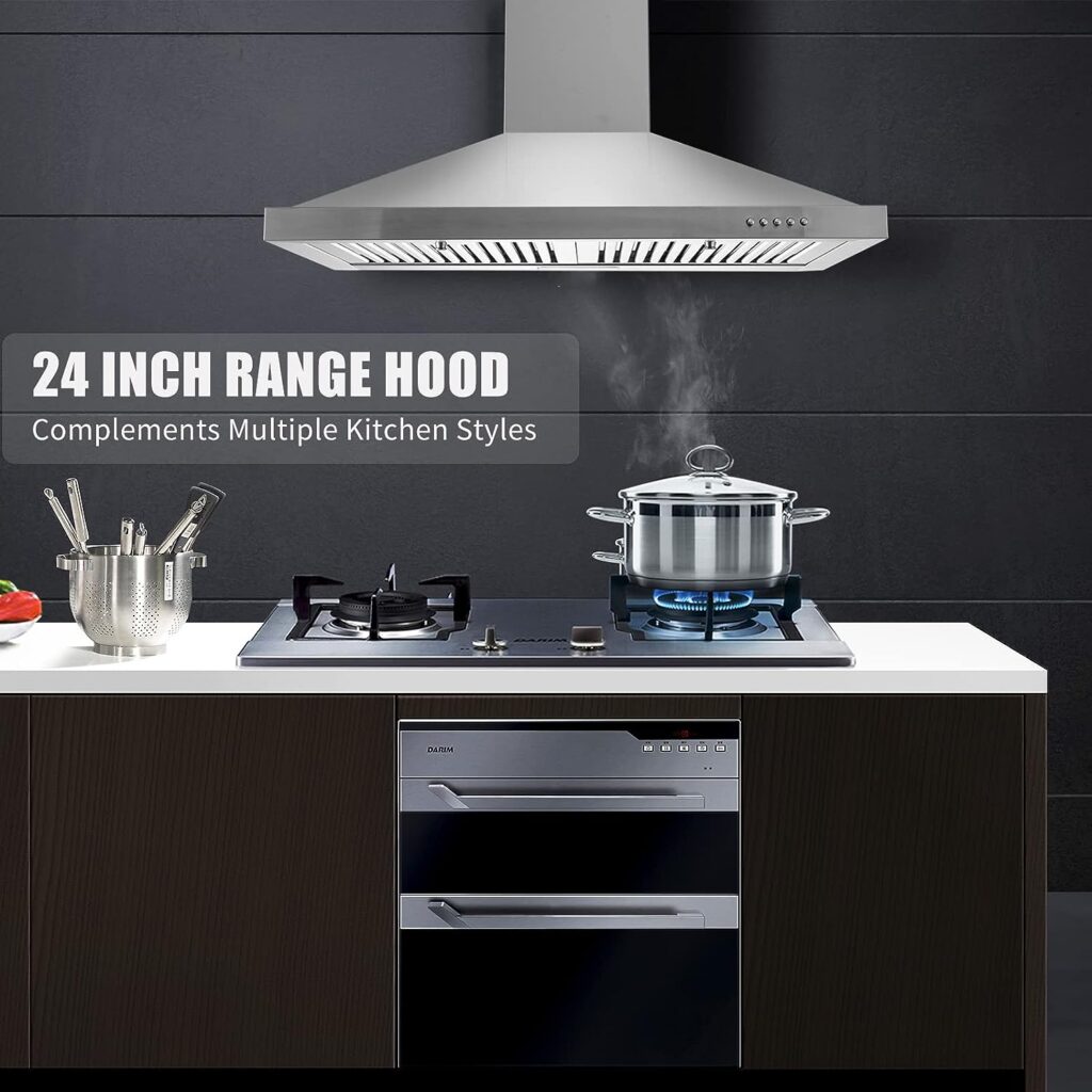 24 Inch Range Hood, Wall Mount Vent Hood in Stainless Steel with Ducted/Ductless Convertible Duct, 3 Speed Exhaust Fan, Energy Saving LED Light, Push Button Control, 2 Pcs Baffle Filters