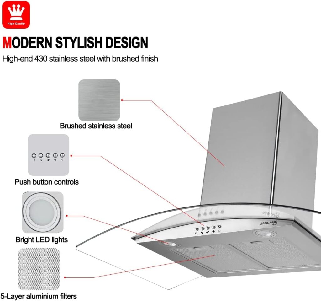 36 Range Hood, GASLAND Chef GR36SP Curved Glass Stainless Steel Wall Mount Range Hood, 3 Speed 450 CFM Ducted Kitchen Hood with LED Lights, Push Button Control, Convertible Chimney, Aluminum Filter