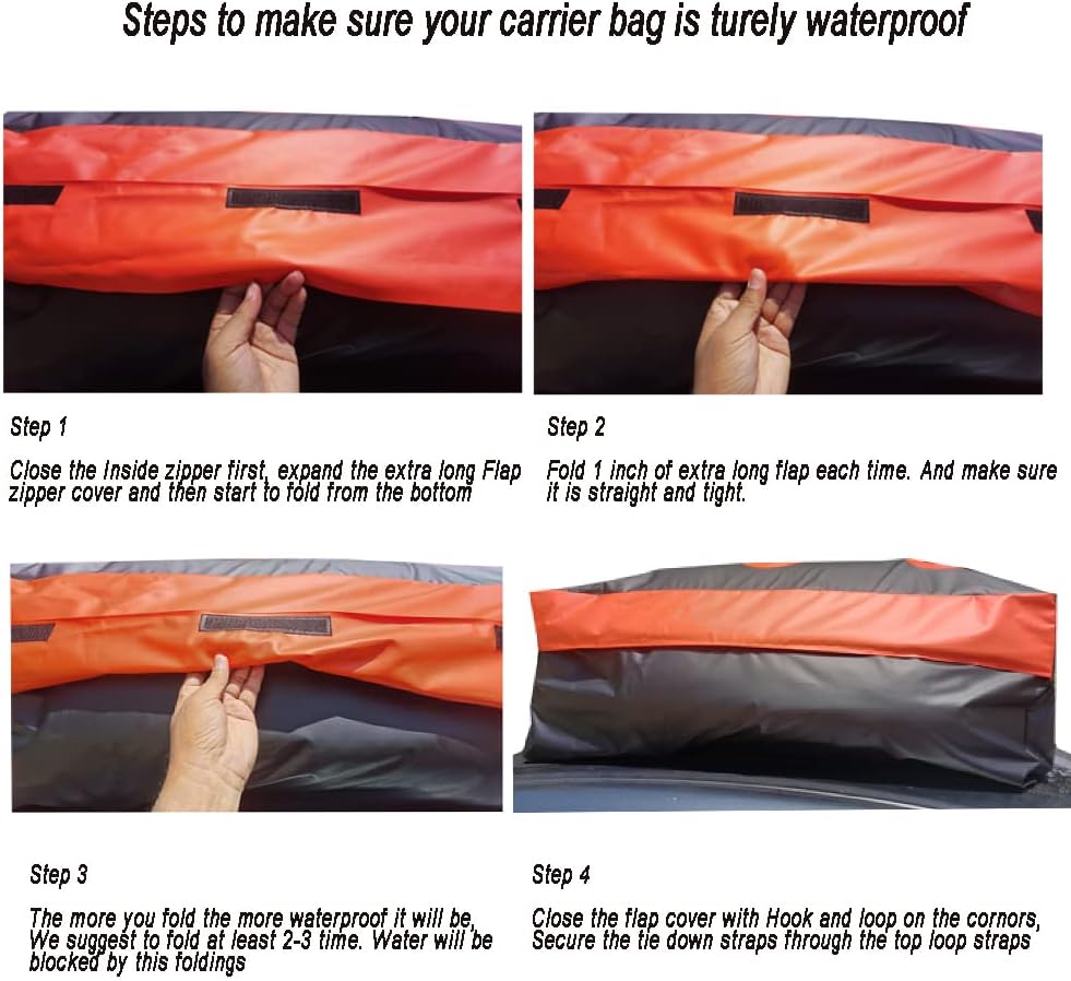 Alfa Gear 15 Cu.ft Patented True Waterproof Car Roof Bag with Non-Slip mats 2 Extra Tie Down Straps Window Hook Straps No Water Leakage at 44X34X17 Black/Orange