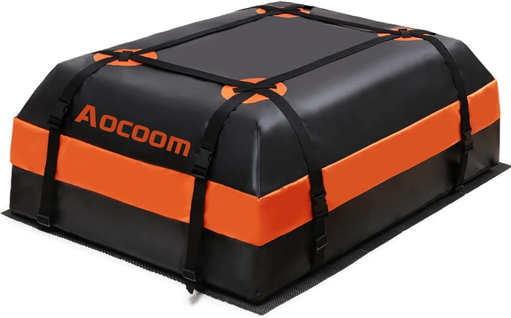Aocoom Car Roof Bag Rooftop Cargo Carrier, 15 Cubic Feet Waterproof Car Top Luggage Storage Bag Anti-Slip Mat, 5 Reinforce Straps and 4 Door Hooks Vehicles Racks or Without Racks, Orange（new）