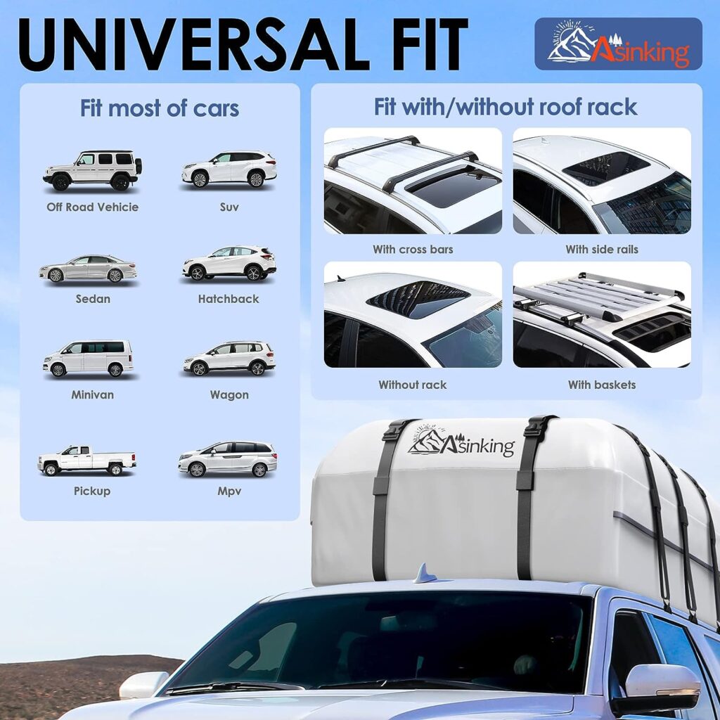 Asinking Car Rooftop Cargo Carrier Bag, Tear/Leak-Resistant 21 Cubic Feet Car Top Carrier for All Vehicles, White Soft-Shell Foldable Roof Luggage Bag with Non-Slip Mat, 6 Door Hooks, Lock