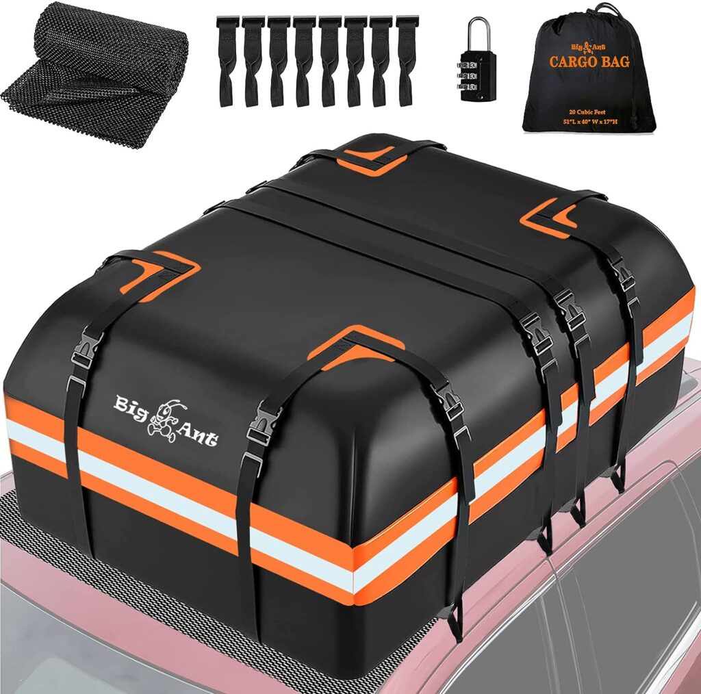 Big Ant Car Rooftop Cargo Carrier Bag 20 Cubic Feet, Roof Bag Waterproof Topper Luggage Carriers for All Vehicle with/without Rack Bar Include Anti-Slip Mat, 8 Door Hooks, 2 Extra Straps, Luggage Lock