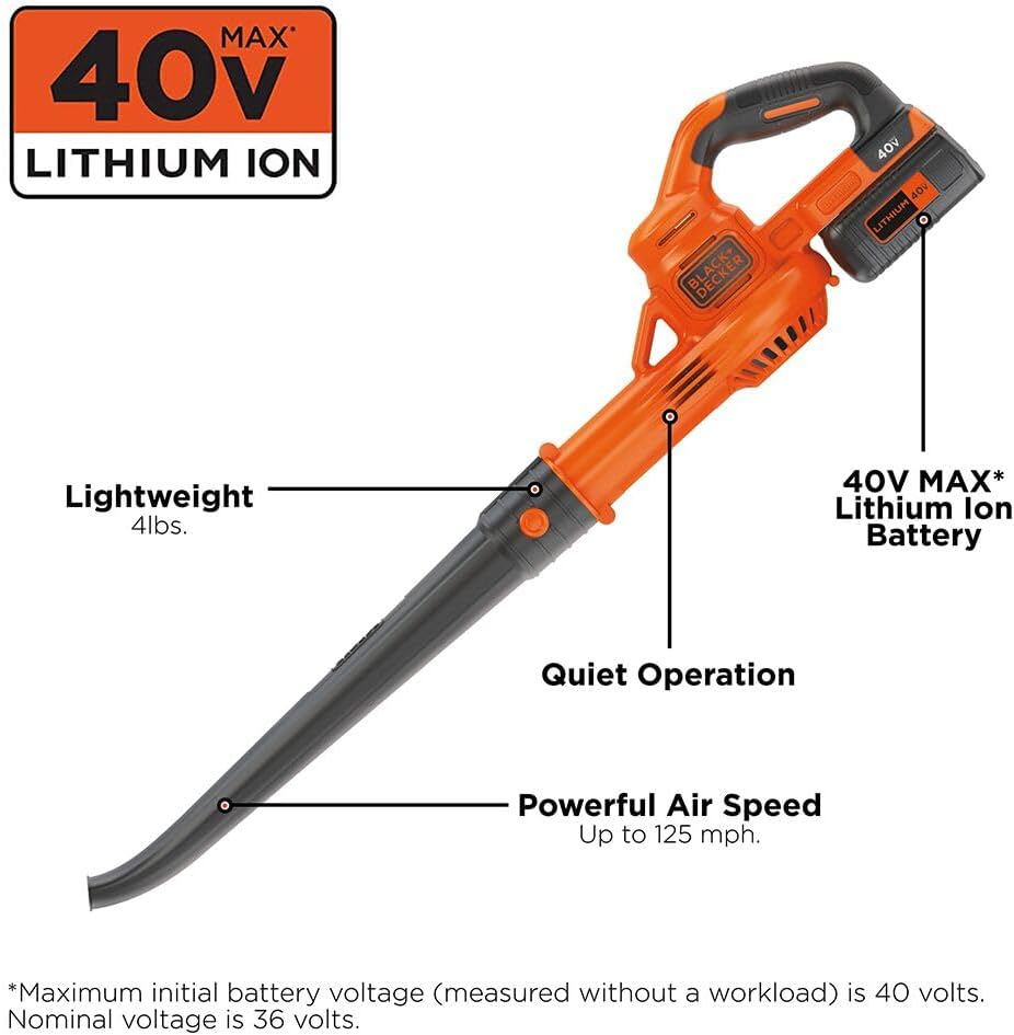 BLACK+DECKER 40V MAX Cordless Leaf Blower, Lawn Sweeper, 125 mph Air Speed, Lightweight Design, Battery and Charger Included (LSW40C)