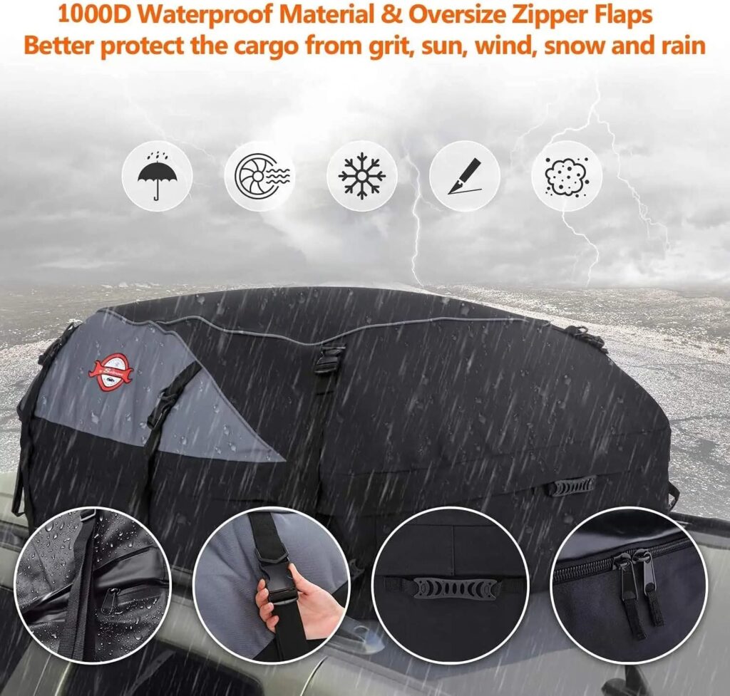 Car Roof Bag Cargo Carrier, 21 Cubic Feet Waterproof Rooftop Luggage Bag Vehicle Softshell Carriers, Anti-Tear 1000D PVC with 8 Reinforced Straps + Storage Bag for All Vehicle with/Without Rack