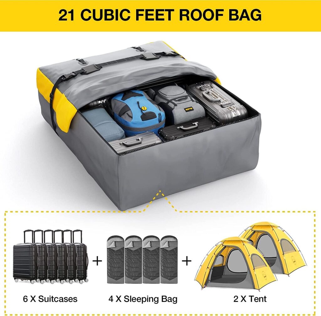 Car Roof Bag Rooftop Cargo Carrier, 21 Cubic Feet Waterproof Roof Luggage Cargo Carrier Bag with Anti-Slip Mat for All Cars Vehicles SUV with/Without Rack (21 Cubic Feet)