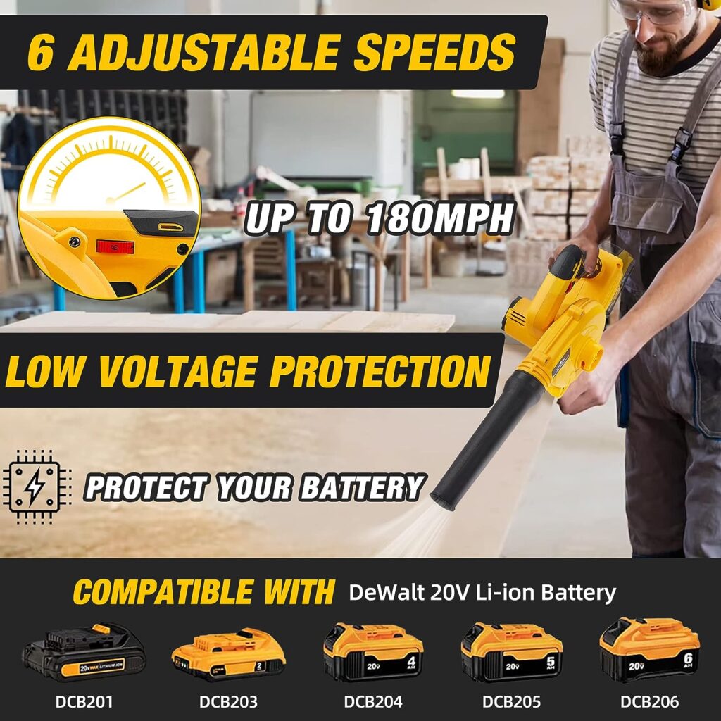 Cordless Leaf Blower for Dewalt 20V Max Battery,Electric Jobsite Air Blower with Brushless Motor,6 Variable Speed Up to 180MPH,2-in-1 Handle Electric Blower and Vacuum Cleaner(Battery Not Included)