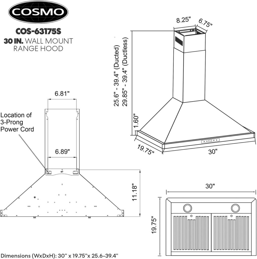 COSMO COS-63175S Wall Mount Range Hood with Ducted Convertible Ductless (No Kit Included), Ceiling Chimney-Style Stove Vent, LEDs Light, Permanent Filter, 3 Speed Fan in Stainless Steel (30 inch)