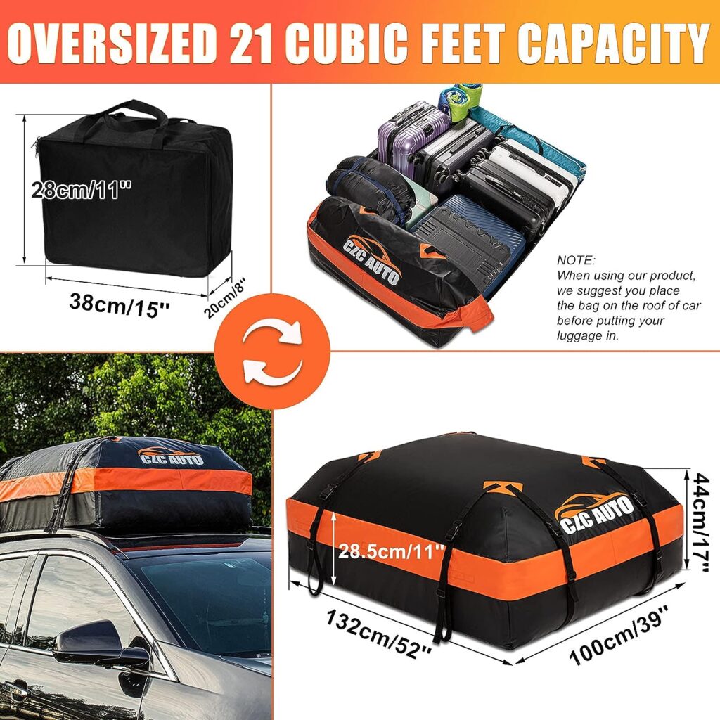 CZC AUTO 21 Cubic Feet Car Rooftop Cargo Carrier Heavy Duty Bag, Soft Roof Top Luggage Bag with Waterproof Zip, Storage Bag  Anti-Slip Mat Fits All Cars SUV with/Without Rack, Black-Orange
