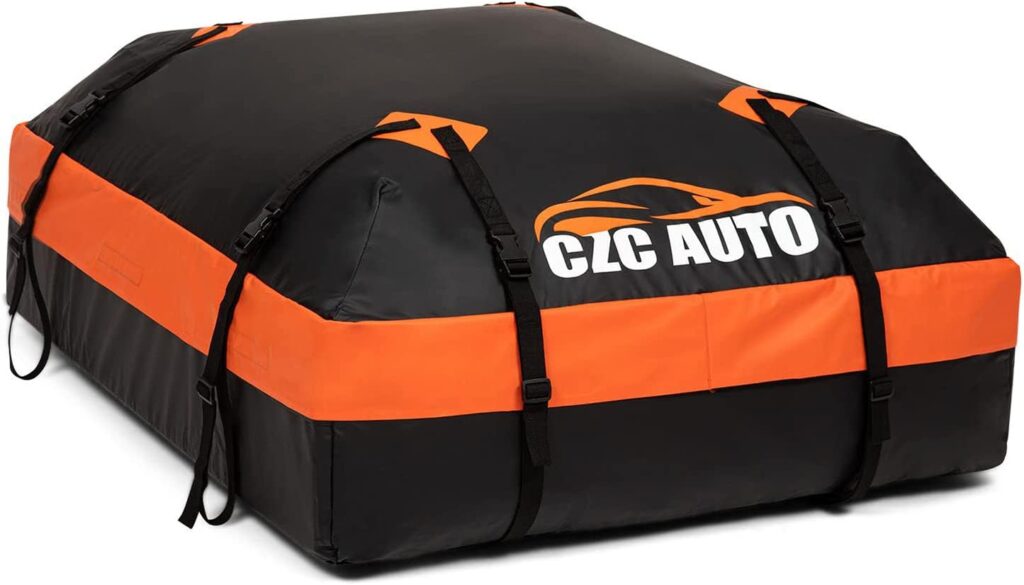 CZC AUTO 21 Cubic Feet Car Rooftop Cargo Carrier Heavy Duty Bag, Soft Roof Top Luggage Bag with Waterproof Zip, Storage Bag  Anti-Slip Mat Fits All Cars SUV with/Without Rack, Black-Orange