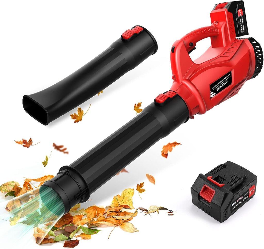 Electric Leaf Blower Cordless 21V, 320 CFM 180 MPH Battery Powered Leaf Blower with 4000mAh Battery and Charger, 2 Section Tubes, 6-Speed Dial Control Leaf Blowers for Lawn Care, Snow, Debris, Dust
