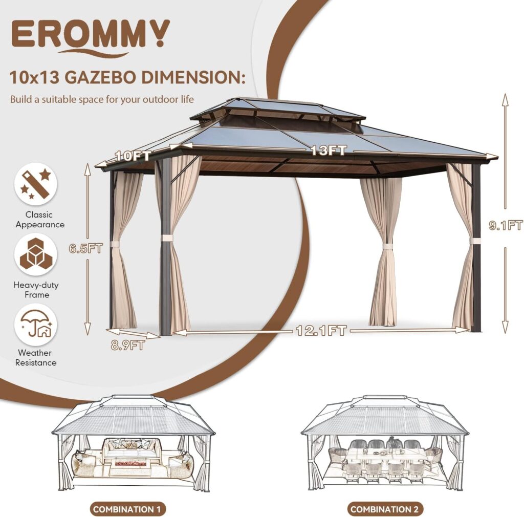 EROMMY 10 x 13 Gazebo Polycarbonate Double Roof Canopy Outdoor Aluminum Frame Pergola, Permanent Pavilion with Netting and Curtains for Garden Patio Lawns Parties