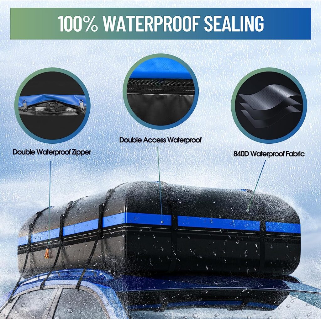 KAIZONPOT Rooftop Cargo Carrier Bag Waterproof Car Roof Bag 15 Cubic feet for All Car with Anti-Slip Mat, Reinforced Straps, 8 Door Hooks, Luggage Lock, Storage Bag