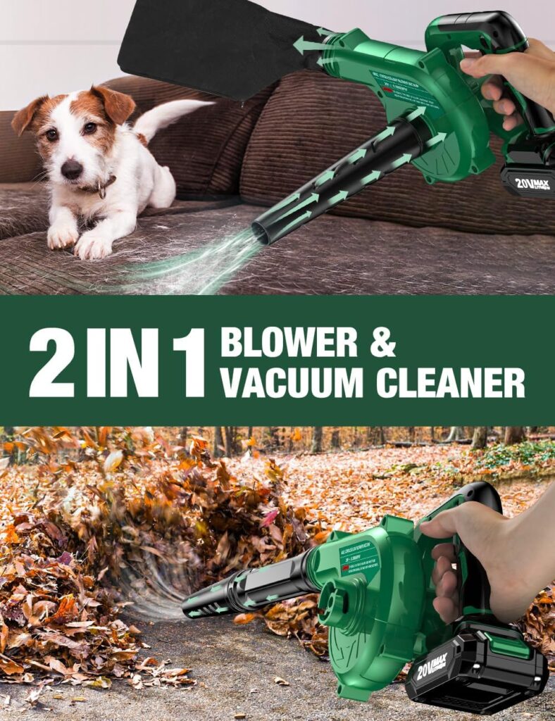 KIMO Cordless Leaf Blower  Vacuum with 2 X 2.0 Battery  Charger, 2-in-1 20V Leaf Blower Cordless, 150CFM Lightweight Mini Cordless Leaf Vacuum, Handheld Electric Blowers for Lawn Care/Dust/Pet Hair