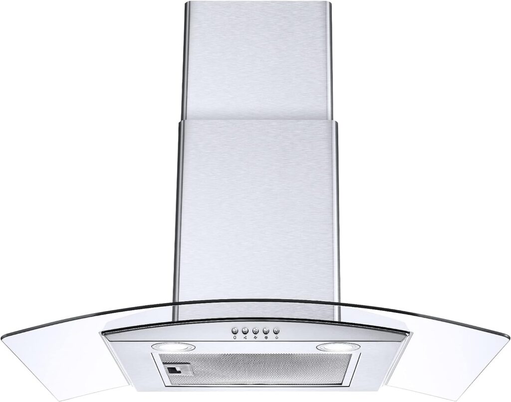 Range Hood 30 Inch, Tieasy Wall Mount Kitchen Hood with Ducted/Ductless Convertible Duct, Stainless Steel Chimney and Aluminum Filters, Touch Control Fan Timer, LED Lights, 3 Speed Fan