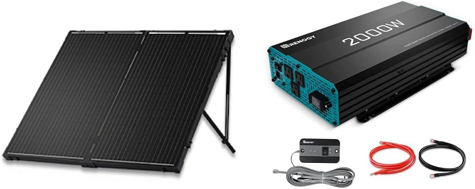 Renogy 200 Watt 12 Volt Monocrystalline Off Grid Portable Foldable 2Pcs 100W Solar Panel  2000W Pure Sine Wave Inverter 12V DC to 120V AC Converter, Off-Grid Solar Power Inverter 12V to 110V