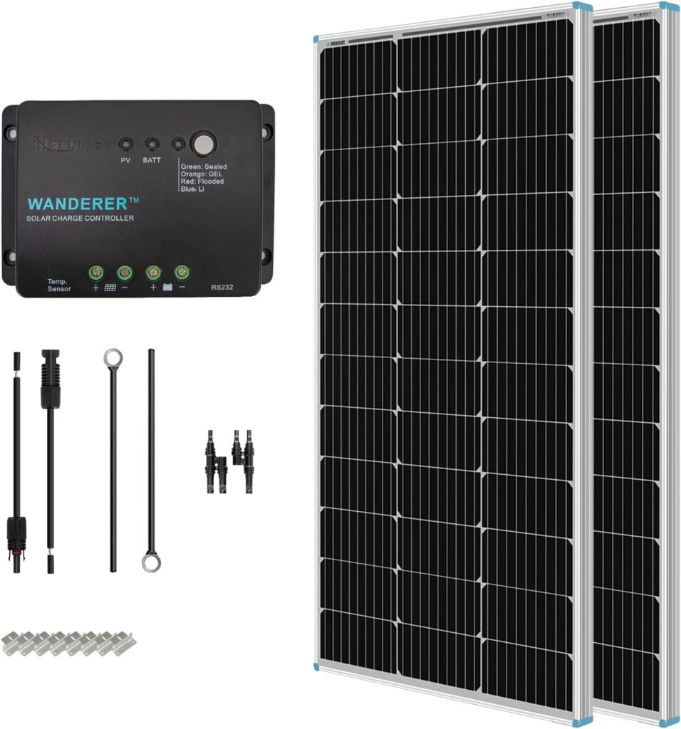 Renogy 200 Watt 12 Volt Monocrystalline Solar Panel Starter Kit 500A Battery Monitor, High and Low Voltage Programmable Alarm, Voltage Range 10V-120V and up to 500A