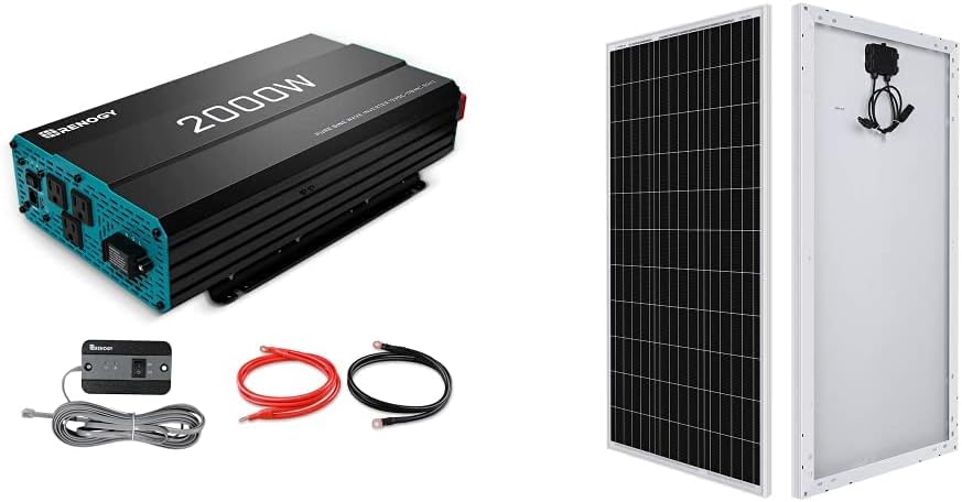 Renogy 2000W Pure Sine Wave Inverter 12V DC to 120V AC Converter  12 Volt Solar Panel 100 Watt High-Efficiency Monocrystalline Module PV Charger