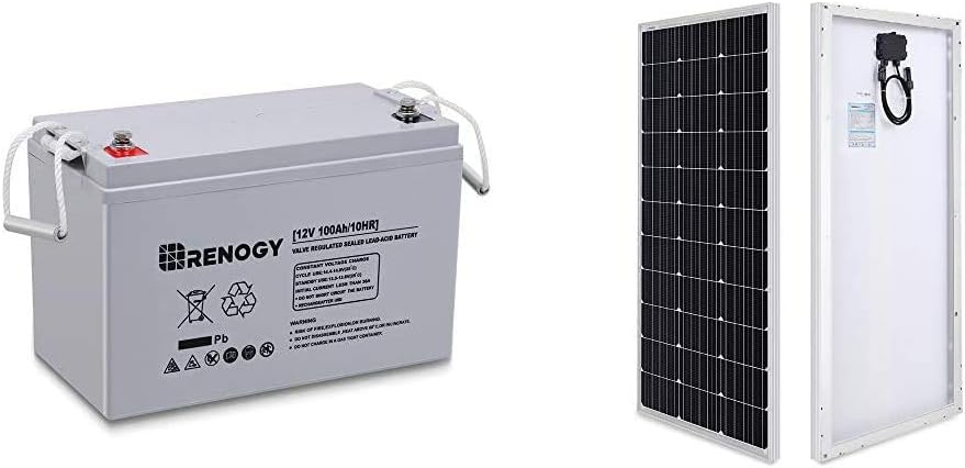 Renogy Deep Cycle AGM Battery 12 Volt 100Ah for RV, Solar Marine and Off-grid Applications  100 Watt 12 Volt Monocrystalline Solar Panel, Compact Design 42.2 X 19.6 X 1.38 inch