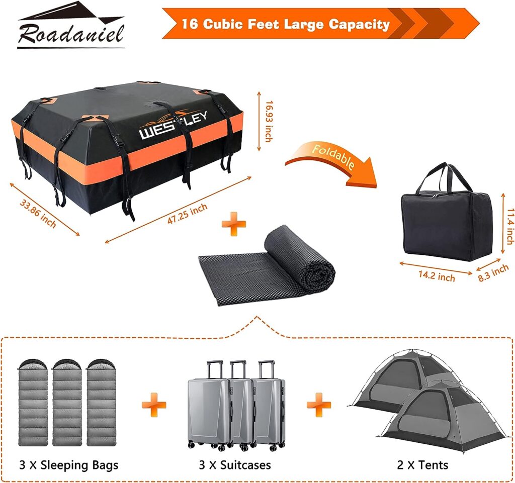 Roadaniel-Westley Car Roof Bag，Rooftop Cargo Carrier, 100% Waterproof 15 Cubic Feet Soft-Shell Luggage Bag, Suitable for All Vehicles with/Without Racks, Includes Anti-Slip Mat, 10 Reinforced Straps