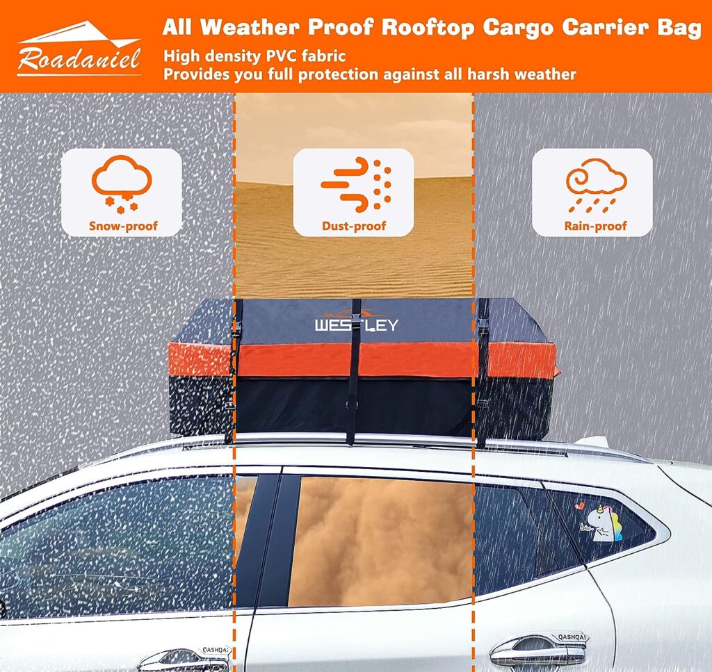 Roadaniel-Westley Car Roof Bag，Rooftop Cargo Carrier, 100% Waterproof 15 Cubic Feet Soft-Shell Luggage Bag, Suitable for All Vehicles with/Without Racks, Includes Anti-Slip Mat, 10 Reinforced Straps