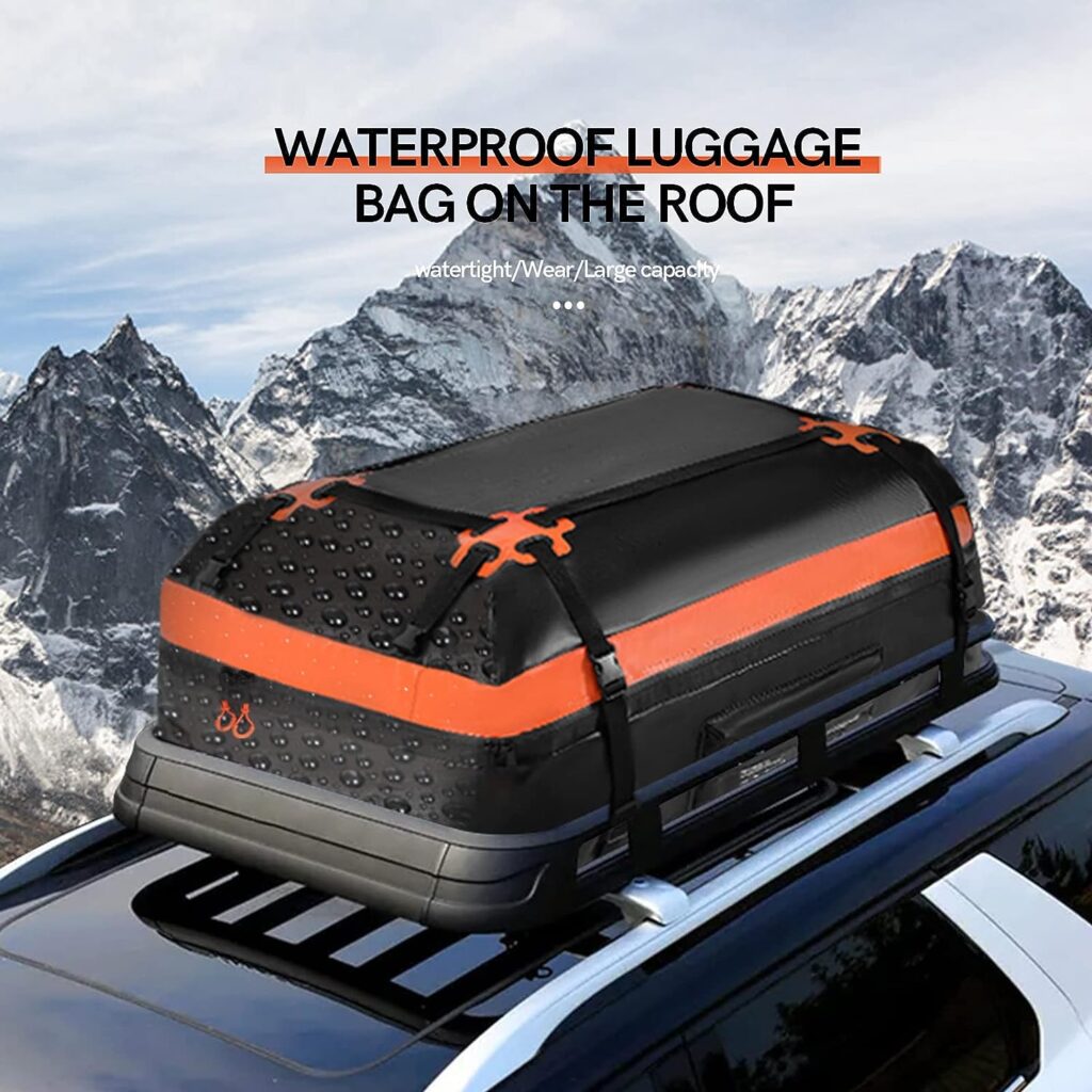 YON. SOU Rooftop Cargo Carrier 840D Waterproof Material,15 Cubic Feet Capacity, Fits All Cars with/without Racks, Double Zipper, Anti-Slip Mat, 6 Door Hooks, Heavy Duty Car Roof Bag,Portable Design