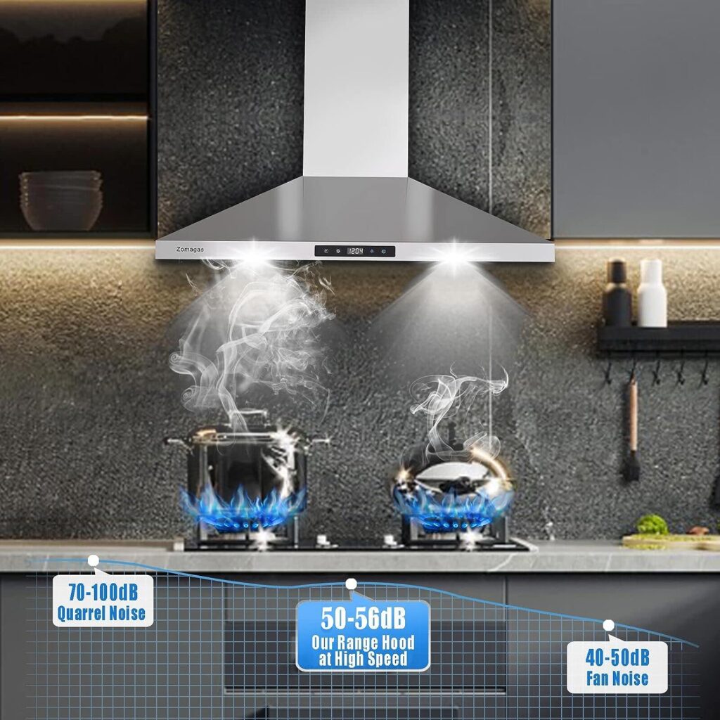 Zomagas Range Hood 30 inch Stainless Steel, Wall Mount Stove Hood Ducted/Ductless Convertible with 3 Speed Kitchen Vent Hood, Touch Control, Energy-saving LED Lights, 5-Layer Aluminum Filters