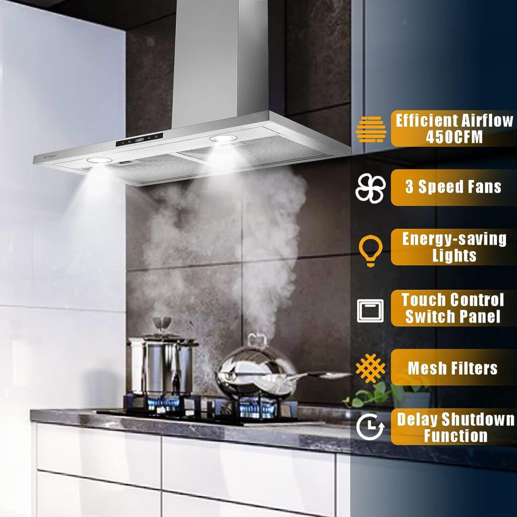 Zomagas Range Hood 30 inch Stainless Steel, Wall Mount Stove Hood Ducted/Ductless Convertible with 3 Speed Kitchen Vent Hood, Touch Control, Energy-saving LED Lights, 5-Layer Aluminum Filters