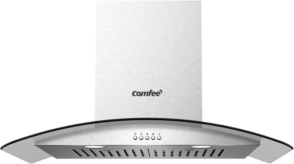 Comfee CVG30W8AST 30 Inches Ducted Wall Mount Vent Range Hood with 450 CFM 3 Speed Exhaust Fan, Baffle Filters, Curved Glass, 2 LED Lights, Convertible to Ductless, Stainless Steel