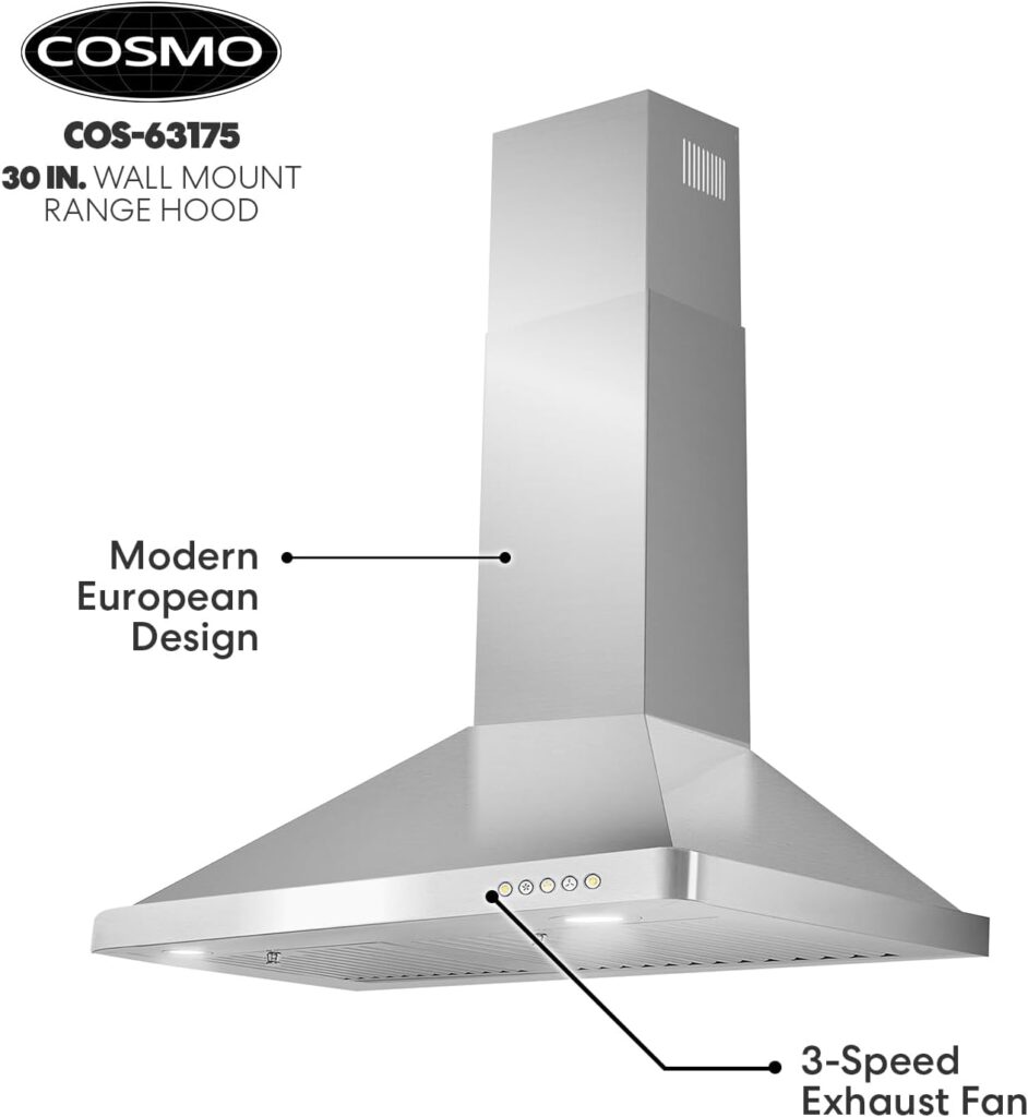 COSMO 63175 30 in. Wall Mount Range Hood with 380 CFM, Ducted, 3-Speed Fan, Permanent Filters, LED Lights, Chimney Style Over Stove Vent in Stainless Steel