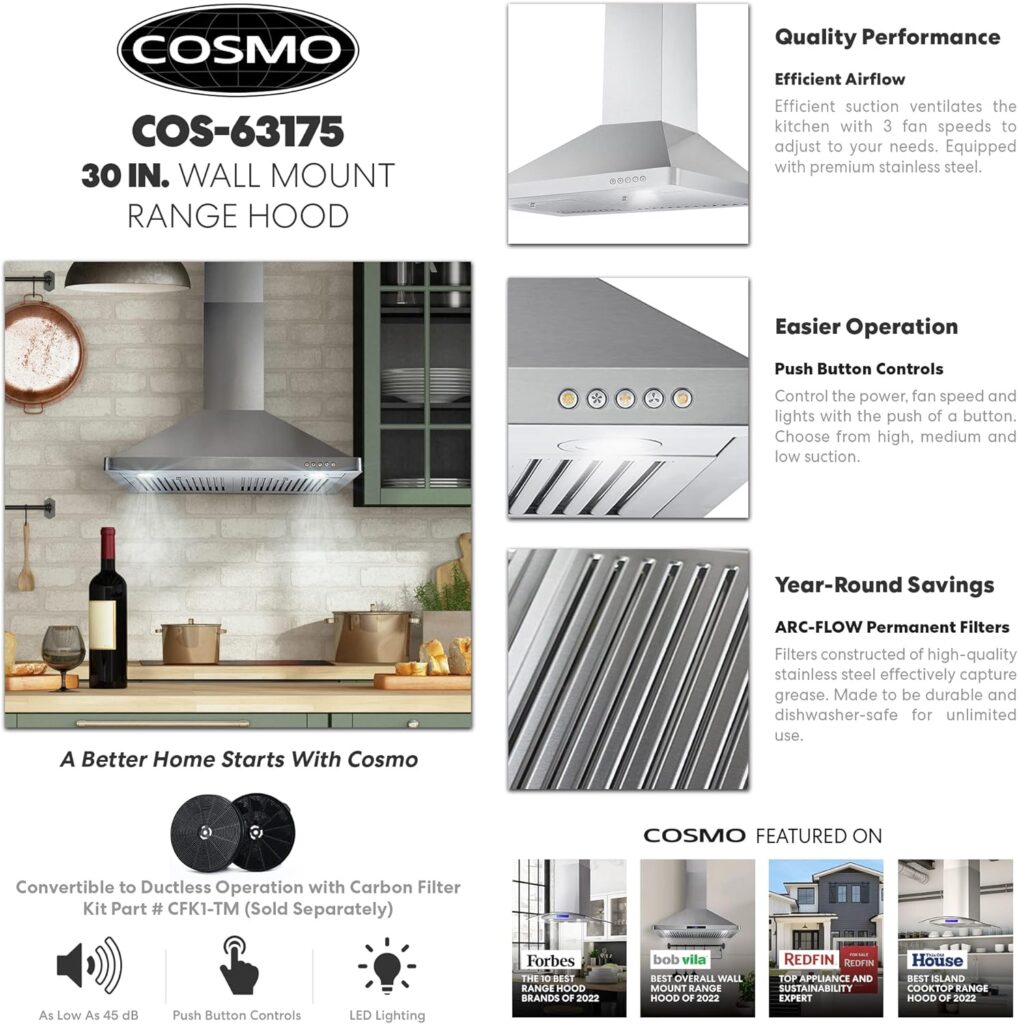 COSMO 63175 30 in. Wall Mount Range Hood with 380 CFM, Ducted, 3-Speed Fan, Permanent Filters, LED Lights, Chimney Style Over Stove Vent in Stainless Steel